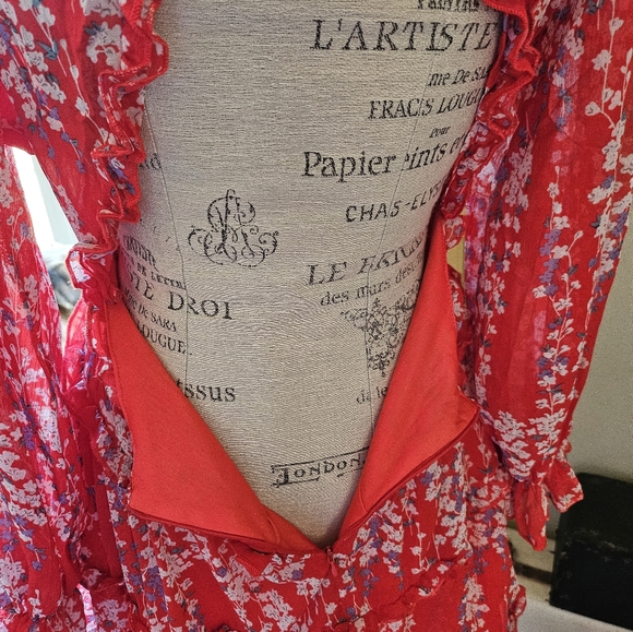 Red Floral Ruffle Open Back Dress M Medium Long Balloon Poof Sleeve - Picture 3 of 11